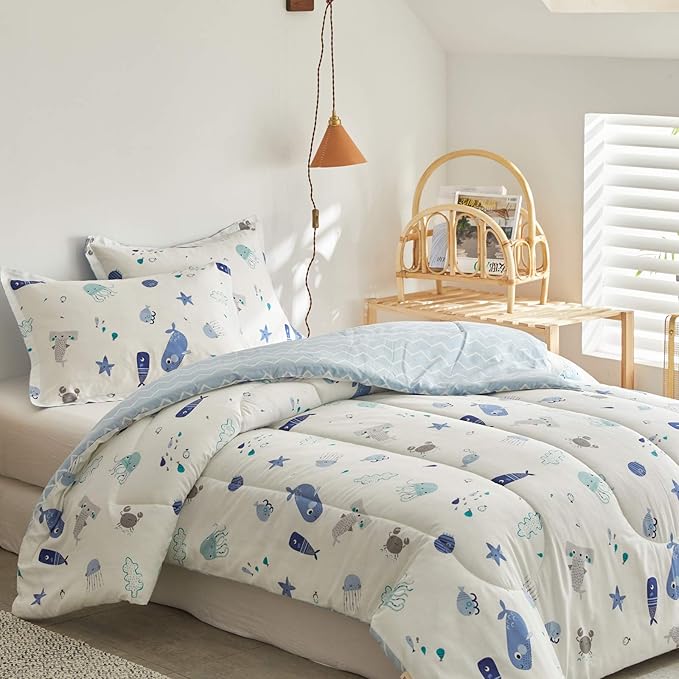 Joyreap 3pcs Premium Cotton Comforter Set for Kids Boys n Girls, Vibrant Ocean Theme Starfish Whale Crab Printed, Skin-friendly Breathable Bedding Comforter for All Season (Twin, 68x88 inches)