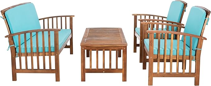 SAFAVIEH Outdoor Collection Rocklin Natural/ Aqua Cushion 4-Piece Conversation Patio Set