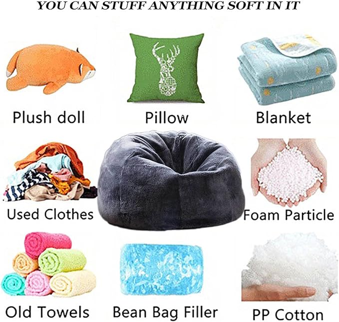6FT Giant Faux Fur Bean Bag Cover for Adults, Round Fluffy Bean Bag Bed (No Filler), Machine Washable Big Size