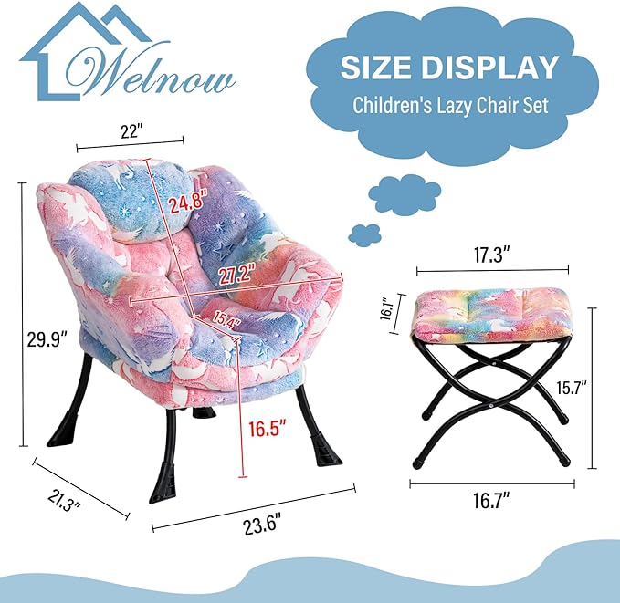Welnow Toddler Kids Lazy Chair with Ottoman, Glow in The Dark Accent Comfy Lounge Children Armchair Couch with Removable Cover, Detachable Reading Chair with Footrest for Boy or Girl