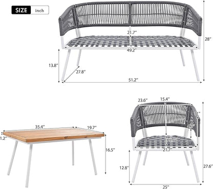 4-Piece Outdoor Patio Furniture Boho Rope Weave Set, Conversation Loveseat Sofa&Chairs with Acacia Wood Table and Thick Cushions, for Garden Backyard Balcony, Onesize, Beige