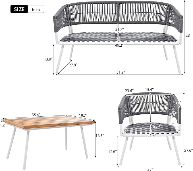 4-Piece Outdoor Patio Furniture Boho Rope Weave Set, Conversation Loveseat Sofa&Chairs with Acacia Wood Table and Thick Cushions, for Garden Backyard Balcony, Onesize, Navy Blue