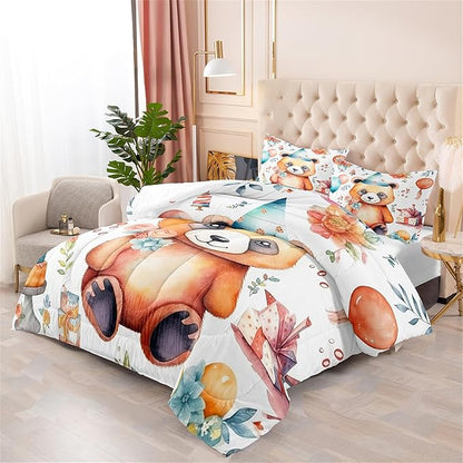 Panda Comforter Set Queen Size, Cute Brown Panda Pattern Queen Size Comforter Set, Kawaii Cute Animal Printed Kids Bedroom Decor, 3Pcs Bedding Set Printed Comforter with 2 Pillowcases, All Season