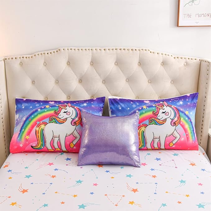 Aimuan Girls Unicorn Comforter Set 6 Pieces Pink Purple Bedding Set with Rainbow Star Galaxy Stars Fantasy Children Room Decor Soft Reversible Bed Sets for Boys/Girls/Teens (Pink-purple Full6Pcs)