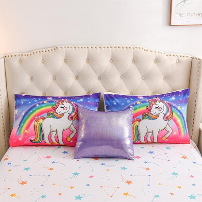 Aimuan Girls Unicorn Comforter Set 6 Pieces Pink Purple Bedding Set with Rainbow Star Galaxy Stars Fantasy Children Room Decor Soft Reversible Bed Sets for Boys/Girls/Teens (Pink-purple Twin6Pcs)