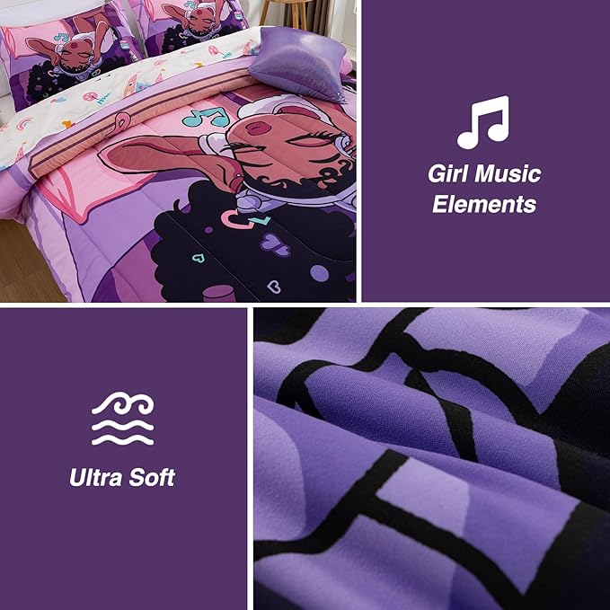A Nice Night Purple Comforter Sets,Black Girl Listening Music Printed, 6Pcs Bed in A Bag Full Size All Seasons Bedding Set,for Kids, Girls