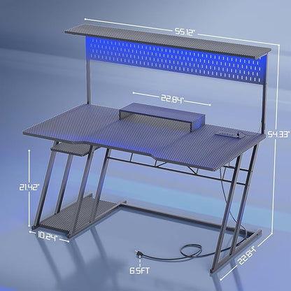 Gaming Computer Desk with Hutch and LED Lights, 55'' Black Gaming Desk with Storage Shelves, Reversible PC Gaming Desk with Pegboard, Ergonomic Desk for Bedroom, Carbon Fiber Surface