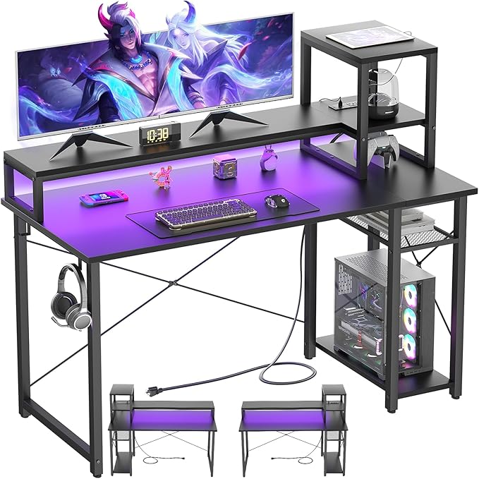 Gaming Desk with Lights & Power Outlets, 47.2'' Computer Desk with Storage Shelves, Small Desk for Small Space, Desk with Monitor Stand, Black