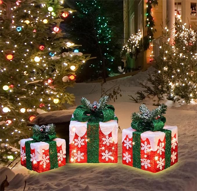 [Large 10"x8.5"x6.5" Christmas Set of 3 Lighted Gift Boxes Decorations Pre-lit 70 Super-Bright LED with Flashers,for Indoor Outdoor Christmas Tree Skirt Ornament Pathway Holiday Party Home