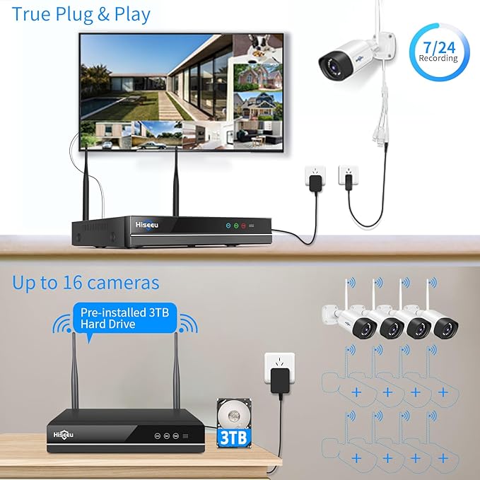 Hiseeu 5MP WiFi Security Camera System Outdoor,12Pcs 16CH NVR Camera Surveillance System,Color Night Vision, Spotlight& Siren Alarm,2-Way Audio,3TB HDD for 24/7 Recordings