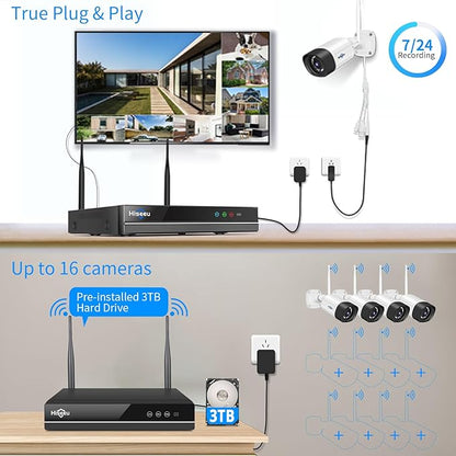 Hiseeu 5MP WiFi Security Camera System Outdoor,12Pcs 16CH NVR Camera Surveillance System,Color Night Vision, Spotlight& Siren Alarm,2-Way Audio,3TB HDD for 24/7 Recordings
