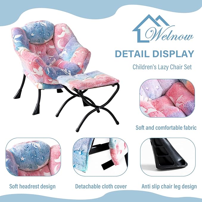 Welnow Toddler Kids Lazy Chair with Ottoman, Glow in The Dark Accent Comfy Lounge Children Armchair Couch with Removable Cover, Detachable Reading Chair with Footrest for Boy or Girl