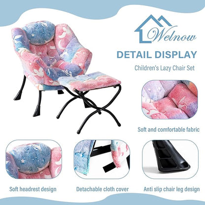 Welnow Toddler Kids Lazy Chair with Ottoman, Glow in The Dark Accent Comfy Lounge Children Armchair Couch with Removable Cover, Detachable Reading Chair with Footrest for Boy or Girl