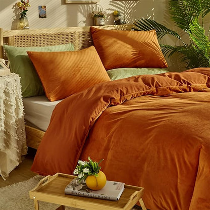 Wellboo Burnt Orange Velvet Comforter Sets Twin Size Solid Rust Bedding Comforters Women Girls Plain Caramel Fluffy Comforters Modern Terracotta Flannel Quilts Reddish Plush Micromink Sherpa Bed