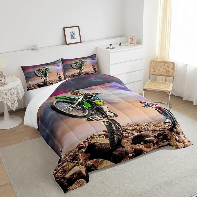 Dirt Bike Comforter Set for Boys Bedroom Motocross Rider Extreme Sports Duvet Insert Mountain Bike Bedding Quilted Set Kids Motorcycle Motorbike Down Comforter,Soft Lightweight for All Season,King