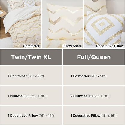 Codi Cream White and Gold Comforter Set for Full/Queen Size Bed, Cute Metallic Ivory Bed Sets, 4 Piece (2 Matching Shams + 1 Decorative Pillow)