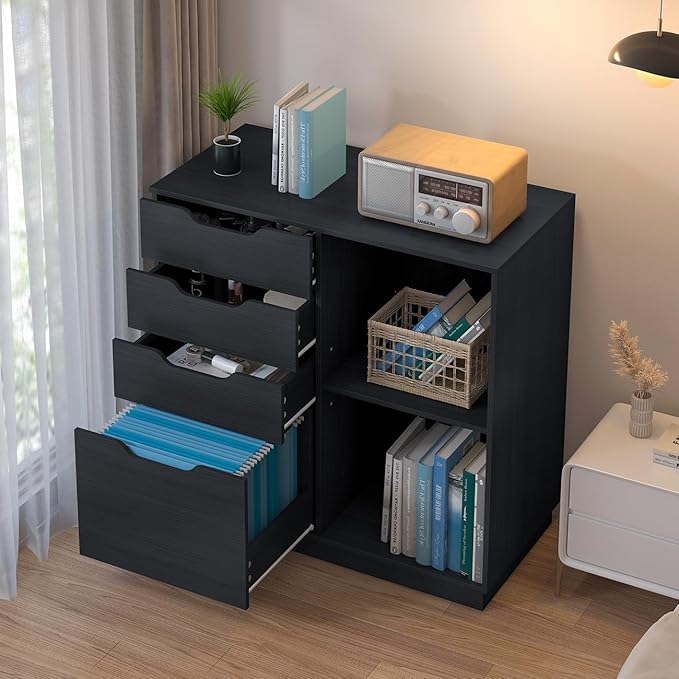 4 Drawers Lateral File Cabinet, Wood Filing Cabinet, Printer Stand with Open Storage Shelves for Home Office, 6 Compartments, Black