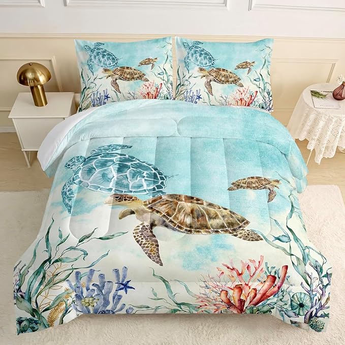 CVHOUSE Sea Turtle Comforter Set,Ocean Watercolor Sea Turtle Bedding Set for Kids Teens,Ocean Sea Turtle Comforter Sea Turtle Duvet Set Room Decor Quilt Set Full Size