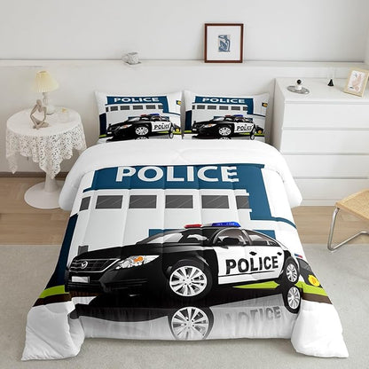 Children Police Car Comforter Set, 3D Car Pattern Down Comforter Full Size for Kids Boys Girls Teens Bedroom, Cartoon Automobile Quilted Duvet, Decorative 3 Piece Bedding Set with 2 Pillow Cases