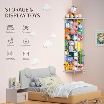 Stuffed Animal Storage Toy Organizer: Corner Stuff Animals Holder for Wall with Adjustable Length - Kids Plush Toys Storage for Nursery Playroom Bedroom Kids Room(Gray)