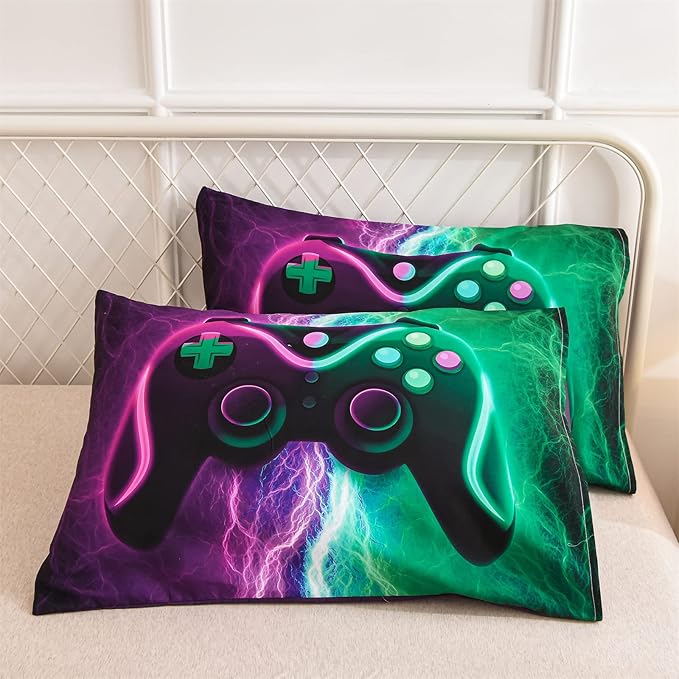 Meeting Story Gamer Comforter Sets for Boys Queen Size Tie Dye Lightnings Gamepad Bedding Set Games Console Action Buttons Novelty Colorful Modern Room Decor Home Quilt Set (Queen, Green-Purple)