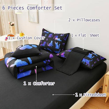 DORCAS Full Size Comforter Sets with Sheets for Girls Kids Cute Cat Full Size Bedding Sets 6 Pieces Bed-in-A-Bag for Girls Teens Kids