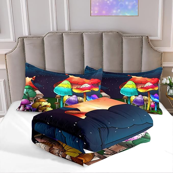 Girls Mushroom Comforter Set Queen Mushroom Bedding for Girls Mushroom Print Queen Size Bedding Set Cartoon Mushroom Pattern Kids Bedding Set, Colorful, 1 Comforter+2 Pillowcases