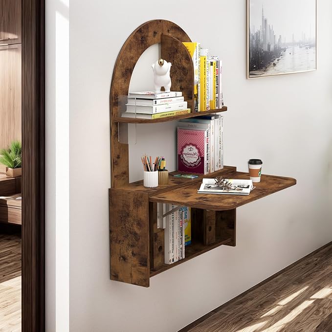 Wall Mounted Drop-Leaf Table, Floating Laptop Desk, Folding Table with Shelves, Multifunctional Computer Workstation Storage Compartments in Home Office for Space Saving (Rustic Brown)