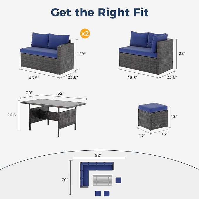 Solaste 7 Piece Outdoor Patio Furniture Set, Outdoor Sectional PE Rattan Patio Conversation Sofa with All Weather Dining Table Chair Set, Blue