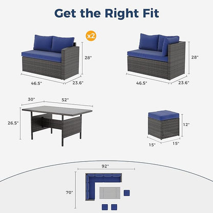 Solaste 7 Piece Outdoor Patio Furniture Set, Outdoor Sectional PE Rattan Patio Conversation Sofa with All Weather Dining Table Chair Set, Blue