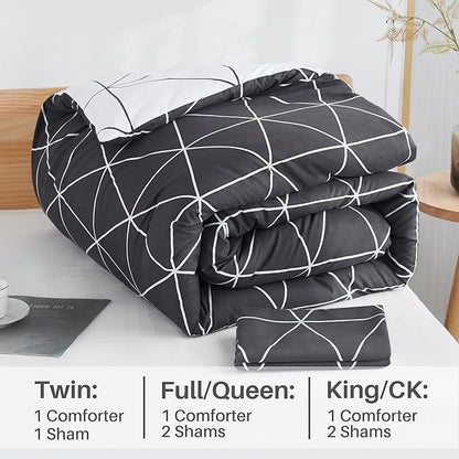 Black & White Comforter Bed in a Bag King for Kids Adults, 3Pcs Reversible Geometric Bedding Set with 2 Pillow Shams for All Seasons (King,104x90inches)
