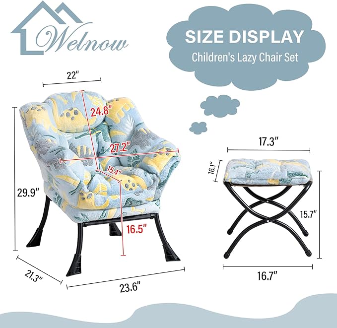 Welnow Toddler Kids Lazy Chair with Ottoman, Glow in The Dark Accent Comfy Lounge Children Armchair Couch with Removable Cover, Detachable Reading Chair with Footrest for Boy or Girl