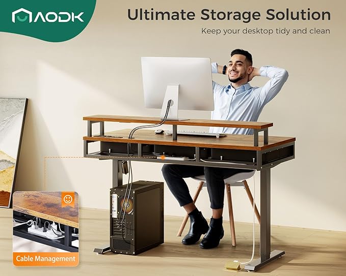 AODK 55 Inch Electric Standing Desk with 3 Drawers, Brown, Height Adjustable Desk with Power Outlets & LED Lights, Stand Up Desk with Monitor Shelf, Sit Stand Desk Computer Workstation