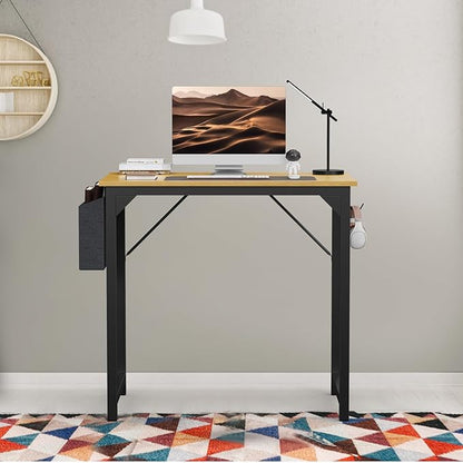 SMUG Computer Desk Small 32” Gaming Table Writing Work Student Study PC Workstation Simple Style Wooden with Side Bag Iron Hook Sturdy Metal Frame for Bedroom, Home, Office, Natural
