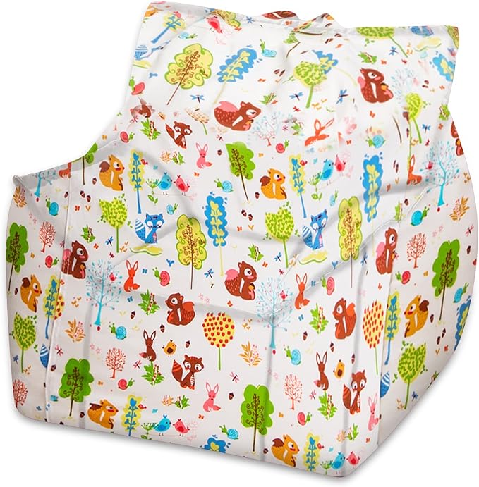 Posh Creations Structured Comfy Bean Bag Chair for Gaming, Reading, and Watching TV, Newport Chair, Canvas - Forest Critters on White
