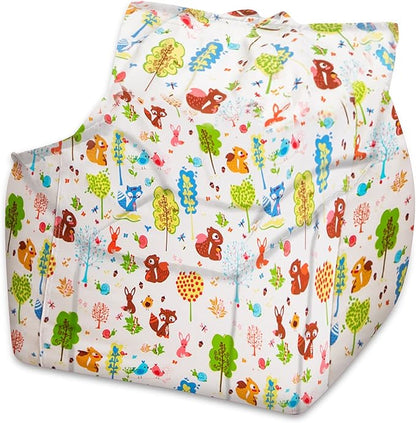 Posh Creations Structured Comfy Bean Bag Chair for Gaming, Reading, and Watching TV, Newport Chair, Canvas - Forest Critters on White