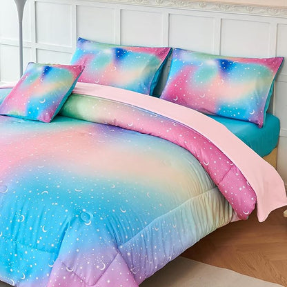 URBONUR Queen Size Comforter Set, Rainbow Stars Queen Bedding Set for Teen Girls Women, 6 Pieces Comforter, Flat Sheet, Fitted Sheet & Pillowcases