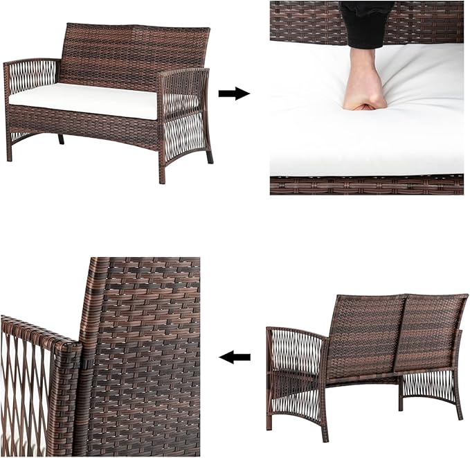 Outvita 4 Pieces Patio Furniture Set, Rattan Conversation Sets with Loveseat Soft Cushion and Glass Table for Garden Backyard Balcony Porch Poolside (Brown)