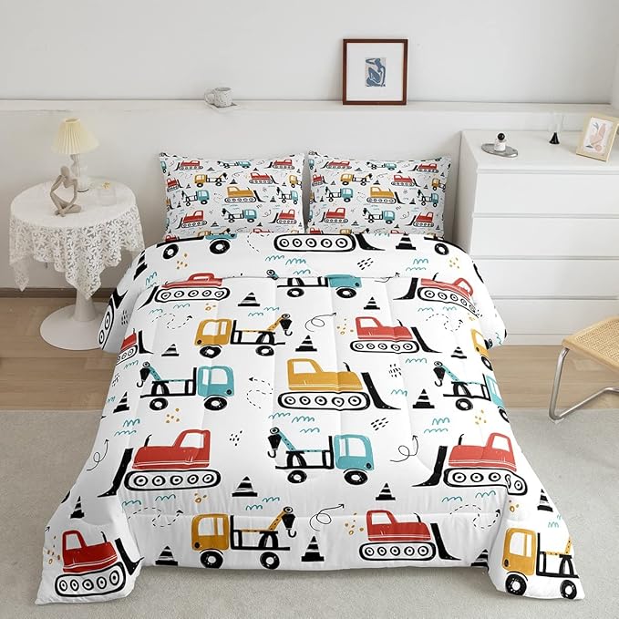 Boys Cartoon Car Comforter Set, Kids Construction Vehicles Comforter for Kids Children Cartoon Truck Bedding Set Cute Cars Teal Red Yellow Quilt Set Bedroom Collection 3Pcs King Size