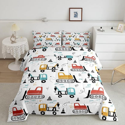 Boys Cartoon Car Comforter Set, Kids Construction Vehicles Comforter for Kids Children Cartoon Truck Bedding Set Cute Cars Teal Red Yellow Quilt Set Bedroom Collection 3Pcs King Size