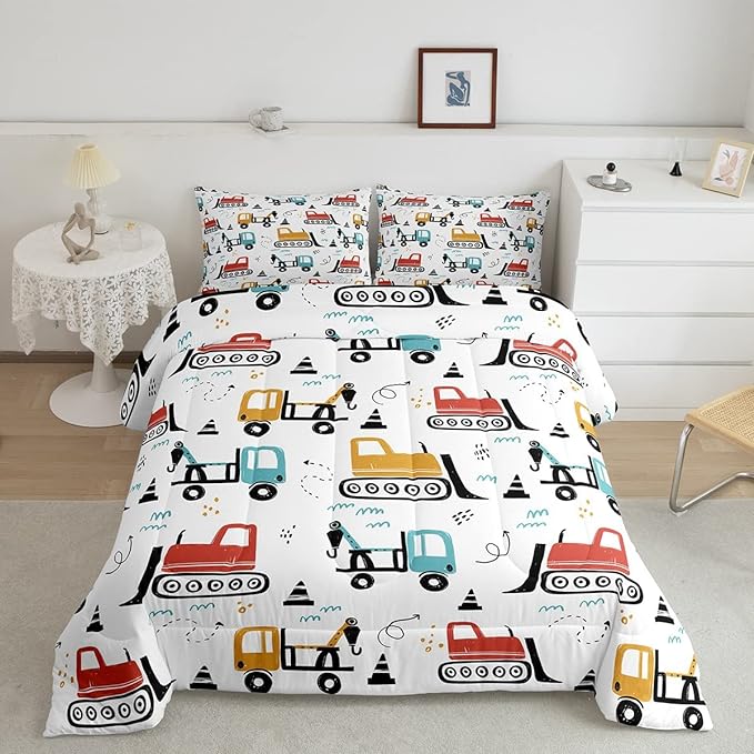 Boys Cartoon Car Comforter Set, Kids Construction Vehicles Comforter for Kids Cartoon Truck Bedding Set Cute Cars Teal Red Yellow Quilt Collection 2Pcs Twin Size Boys