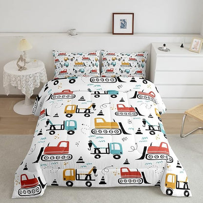 Boys Cartoon Car Comforter Set, Kids Construction Vehicles Comforter for Kids Cartoon Truck Bedding Set Cute Cars Teal Red Yellow Quilt Collection 2Pcs Twin Size Boys
