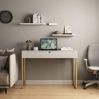 Elegant Modern Desk, 2 Drawers, Gold Legs, 43.3x15.75 inches, Home Office, Makeup Vanity, Computer, Writing, Study, Entryway, Sofa Table