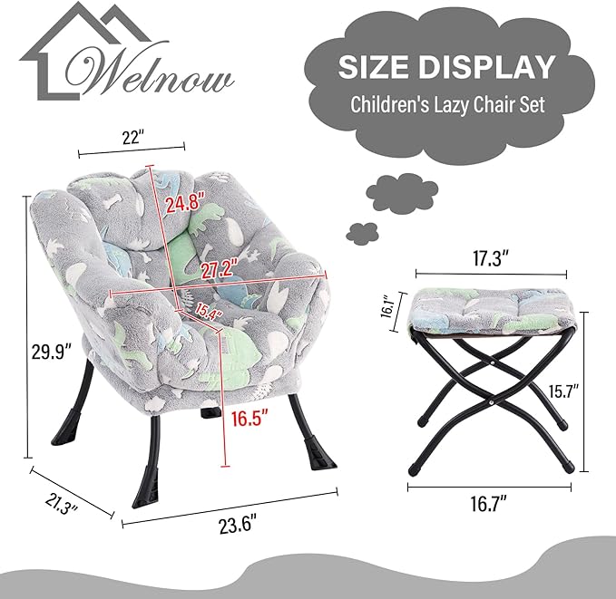 Welnow Toddler Kids Lazy Chair with Ottoman, Glow in The Dark Accent Comfy Lounge Children Armchair Couch with Removable Cover, Detachable Reading Chair with Footrest for Boy or Girl, Grey Dinosaur