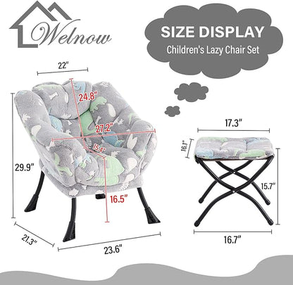 Welnow Toddler Kids Lazy Chair with Ottoman, Glow in The Dark Accent Comfy Lounge Children Armchair Couch with Removable Cover, Detachable Reading Chair with Footrest for Boy or Girl, Grey Dinosaur