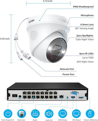 ZOSI 24CH 4K PoE Security Camera System with Face/Person/Vehicle Detection,16 Port 24CH 8MP NVR with 4TB HDD,2 Way Audio,Night Vision,16x 4K Outdoor IP Dome Cameras,Dual Disk-Backup for 24/7 Recording