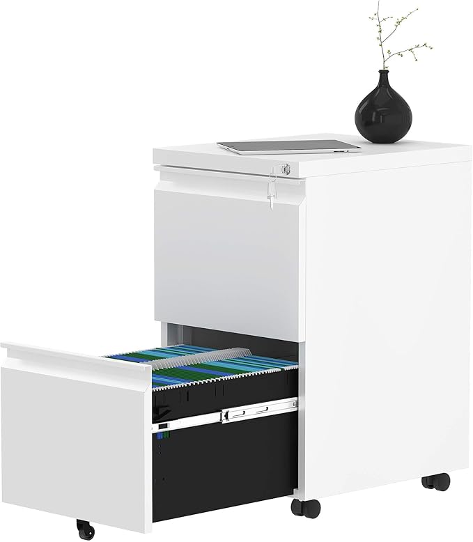 YITAHOME 2-Drawer Vertical File Cabinet with Lock, 20” Deep Mobile Metal Filing Cabinet for Legal/Letter Size, 20” Height Pre-Built Office Storage File Cabinet Except Wheels Under Desk - White