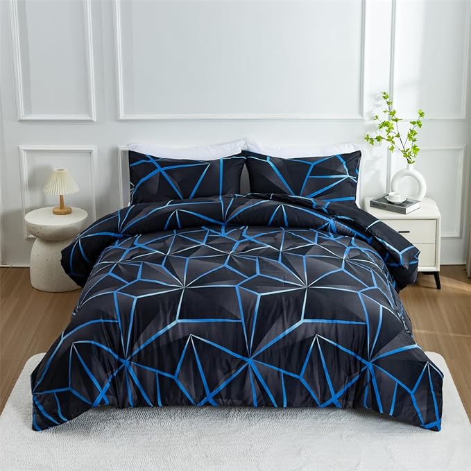 NTBED 3D Geometric Comforter Set for Boys Kids, Irregular Diamond Pattern Lightweight Microfiber Bedding Sets All Season (Dark Blue, Twin)
