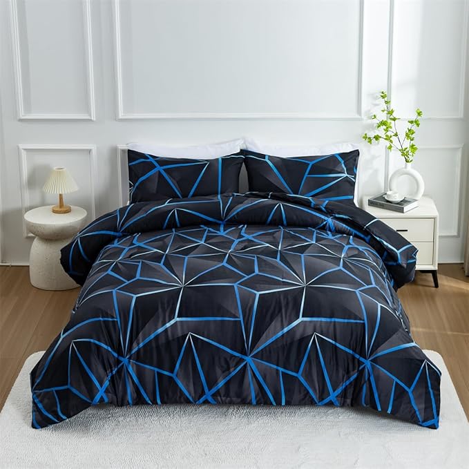 NTBED 3D Geometric Comforter Set for Boys Kids, Irregular Diamond Pattern Lightweight Microfiber Bedding Sets All Season (Dark Blue,Full)