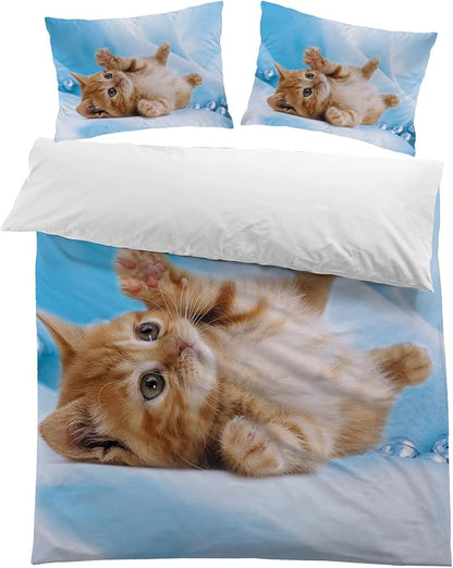 Cat Comforter Set Queen Size for Kids Blue Cat 3Pcs Bedding Set for boys and Girls (1Summer Comforter+ 2 Pillowcases) Lovely Animal Pets Duvet Set